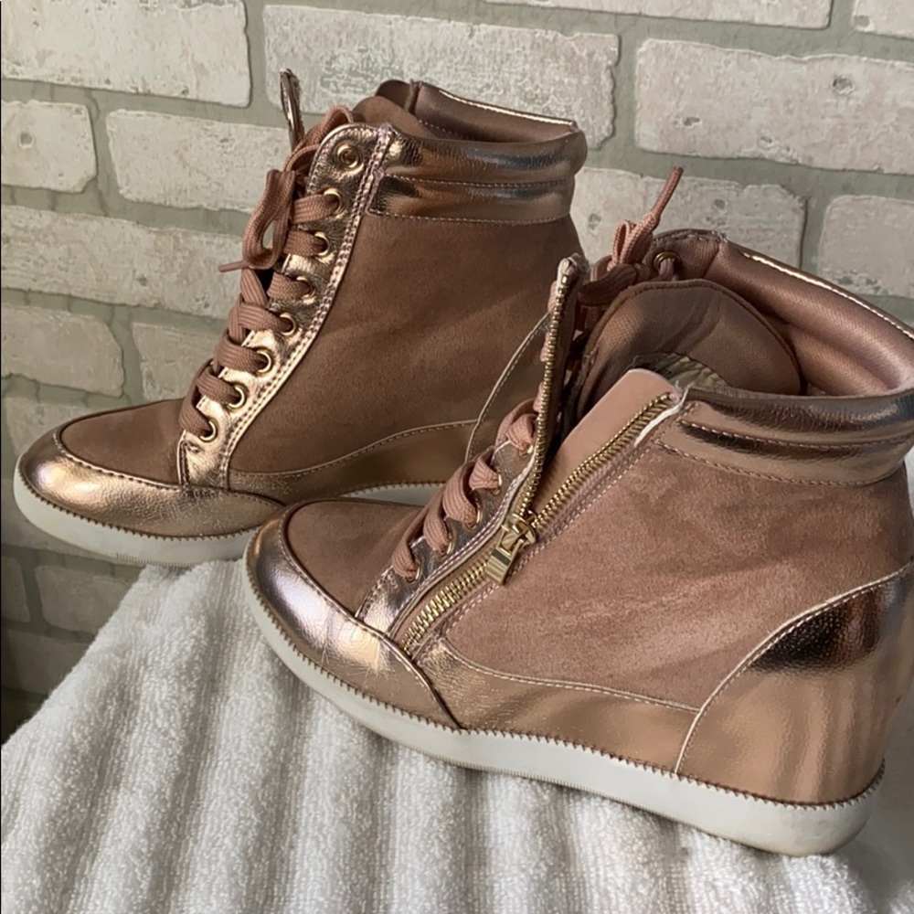 Rose gold wedge sneakers by Shoedazzle